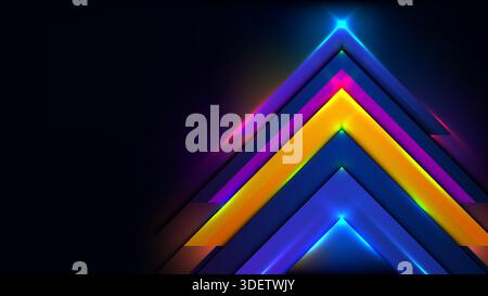 Vibrant neon geometric arrows point upward against a dark background in this digital artwork created for tech companies looking to showcase growth and Stock Vector