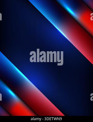Abstract background with sleek diagonal layers and vibrant blue and red neon glowing accents on dark metallic surface for modern technology and gaming Stock Vector