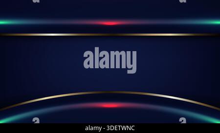 Elegant navy blue background featuring golden curves and vibrant neon accents perfect for luxury branding technology concept and modern geometric wall Stock Vector