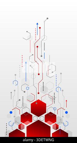 Abstract technology background with red and blue hexagons circuit lines and upward arrows representing digital growth and business innovation in a mod Stock Vector