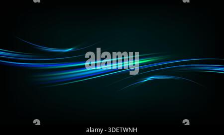 futuristic abstract features glowing blue light waves against a dark setting to visualize data streaming and fiber optic connectivity for global netwo Stock Vector