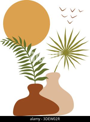 Boho Sunset and Floral Branch in Vase Wall Art Abstract Decor Modern Home Decor Boho Poster Stock Vector