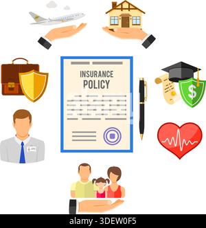 Insurance Services Timeline Infographics for Poster, Web Site, Advertising with House, Family, Medical and Travel Flat Icons. Stock Vector