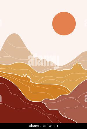 Boho Mountain and Sun Wall Art Abstract Decor Modern Home Decor Boho Poster Stock Vector