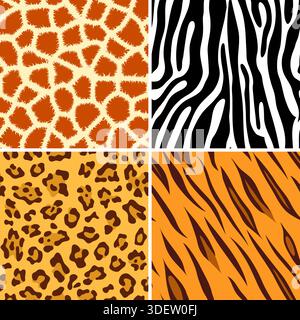 Four seamless tiling animal print giraffe, zebra, tiger and leopard, vector illustration Stock Vector