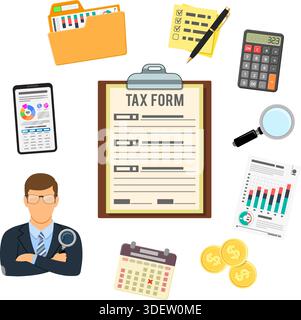 Auditing, Tax, Accounting Concept. Auditor Holds Magnifying Glass in Hand and Checks Financial Report with Charts, Calculator and Smartphone. Flat Sty Stock Vector
