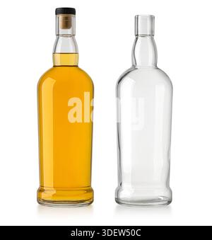Whiskey bottle filled with amber liquid and clear empty bottle on white background Stock Photo
