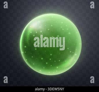 Green magic fantasy sphere. Crystal ball with glowing sparkles and particles. Energy orb with glow flare light effect. Isolated on transparent Stock Vector