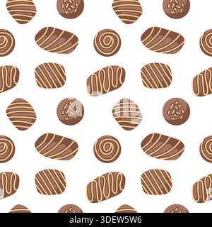 Seamless pattern with assorted chocolate candy and praline decorated with drizzle and sprinkle on a white background. Flat style illustration. Stock Vector