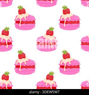 Seamless pattern with pink macaroon and raspberry on top in flat style. Valentine Day background for bakery card and cafe menu. Stock Vector