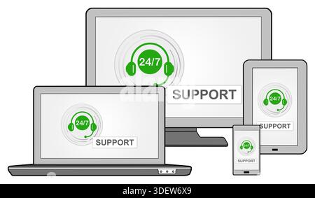 Support concept shown on different information technology devices Stock Photo