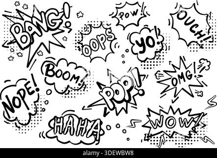 Hand-drawn vector illustration doodle comics. Speech bubble with words boom, bom, pop, haha, nope, bang, oops, ouch. Stock Vector