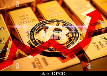Bitcoin coin on gold bar with rising price curve, photomontage Stock Photo