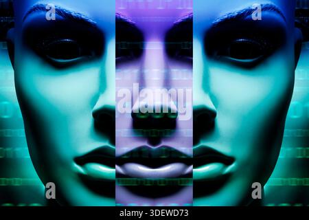 Female figure with binary code, symbolic photo of artificial intelligence, photomontage Stock Photo