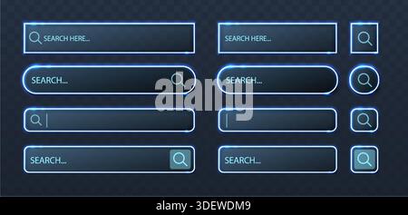 Vector icon illustration. Set of neon search bar icons in different shapes, ui elements isolated on dark background. Stock Vector