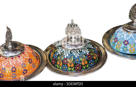 Ornamental porcelain bowls ceramic plates, dishes ware. Multi-colored ceramic ware Stock Photo