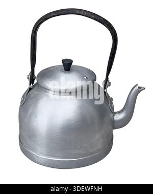 Old aluminum kettle with handle and spout on a transparent background Stock Photo