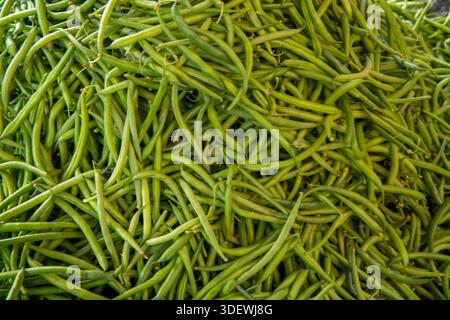 Green beans - detail from a market stall.  In the Anjoma market in Fianarantsoa, fresh green beans are typically sold from large, woven baskets by local vendors. This is a common sight in the market, which is a key hub for agricultural produce in the central highlands of Madagascar.  The main Anjoma market in Fianarantsoa is a bustling and colorful hub of daily life and commerce in the heart of the central highlands of Madagascar. The market is known for its wide array of local produce, artisanal goods, and vibrant atmosphere Stock Photo