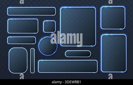 illustration. Glass neon glowing frames in different shapes for mobile apps and design elements. Stock Vector