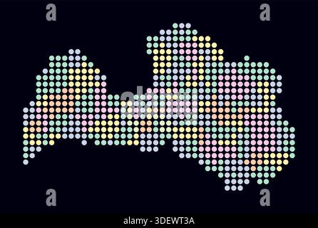 Latvia dotted map. Digital style map of the country on a dark background. Latvia shape with circle dots. Colored dots style. Large size circles. Stock Vector
