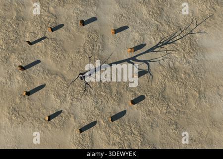 Sundial from stones and dry tree on sand in desert Stock Photo