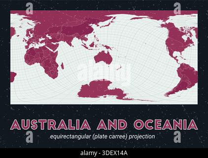 Australia and Oceania. World map. Equirectangular (plate carree) projection centered to Australia and Oceania. Pale Mint Dark Pink palette. Stock Vector