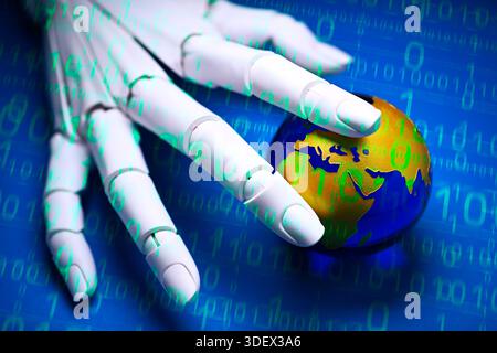Robot hand reaches for the earth behind binary code, symbolic photo Artificial intelligence and robotics, photomontage Stock Photo