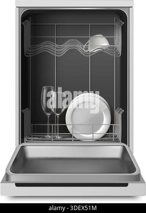 realistic vector illustration. Open dishwashing machine with white plates and glasses inside. Isolated on white background. Stock Vector