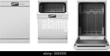 realistic vector illustration. Dishwashing machine closed, half open and open empty. Isolated on white background. Stock Vector