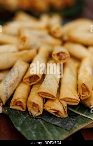 Golden fried spring rolls stacked on a green leaf. Stock Photo