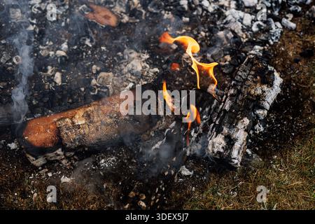 Wood logs burning with visible flames and smoke rising from charred pieces. Stock Photo