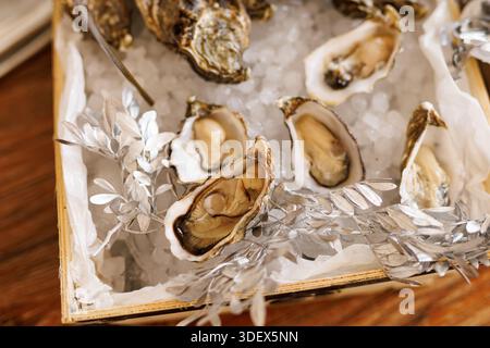 Fresh opened oysters served on ice in a wooden box. Stock Photo