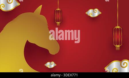 Chinese lunar new year template with golden horse silhouette set against a red copy space background. Year of the horse background illustration. Stock Vector