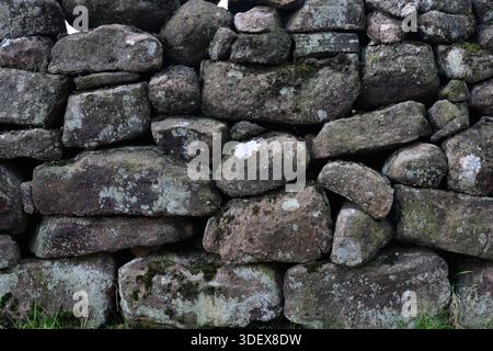 A wall made of large rocks with moss growing on it. The wall is gray and has a rough texture Stock Photo