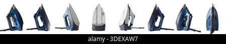 collection of views of blue steam iron standing vertically isolated on white background. Stock Photo