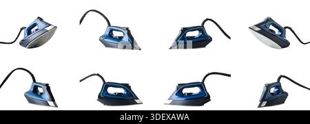 Collection of views of blue steam iron isolated on white background. Stock Photo