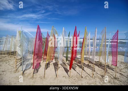 A series of translucent multi-colored banners on bamboo poles planted in the sand, waving in the wind. Stock Photo