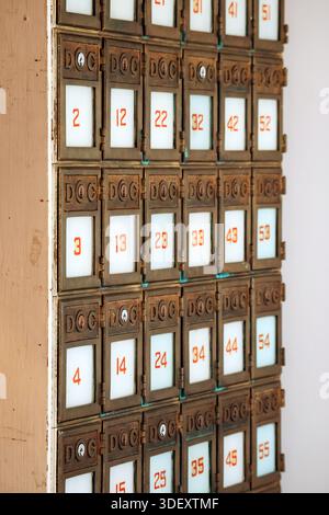 Chambord, Canada - August 18, 2025: Vintage brass post office boxes (numbered 1-55) inside the post office at Val-Jalbert Historical Village Stock Photo
