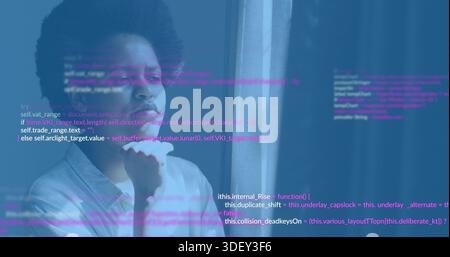 Sitting mid adult woman wearing collared shirt resting chin on hand near window, with code overlay Stock Photo