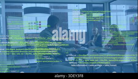 Discussing business-casual team holding meeting in glass room with laptops and code overlay Stock Photo
