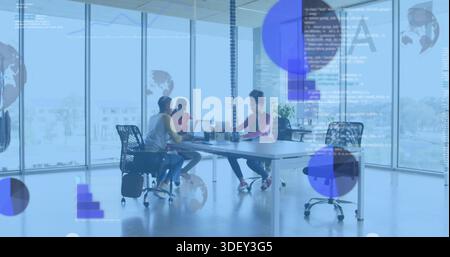 Collaborating three professionals in casual attire working on laptops at office with data overlays Stock Photo