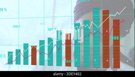 Displaying finance chart on office screen, teal orange bars, white magenta lines, woman in blazer Stock Photo