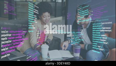 Reviewing notes, pair in beige blazer, bomber jacket pointing at notebook in cafe with AR code Stock Photo