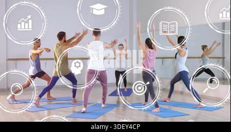 Leading instructor guiding six in lunges in yoga studio wearing activewear with blue mats, icons Stock Photo