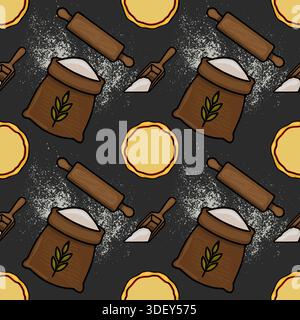 Seamless vector pattern of pizza dough, flour bags, rolling pins, and scoops on a dark textured background. Stock Vector
