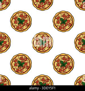 Seamless vector pattern of delicious whole pepperoni pizza with fresh basil leaves and melted cheese Stock Vector