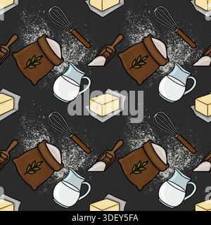 Seamless vector pattern of baking ingredients, including flour, butter, milk, and whisk, scattered on a dark textured background. Stock Vector