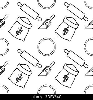 Seamless vector pattern of baking ingredients, including flour bags, rolling pins, and dough circles Stock Vector