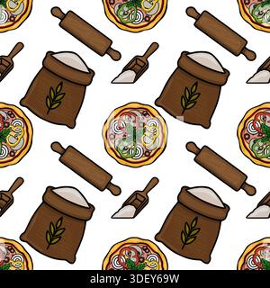 Whimsical vector pattern of pizza making ingredients, including whole pizzas, flour sacks, rolling pins, and scoops of flour, set against a clean whit Stock Vector