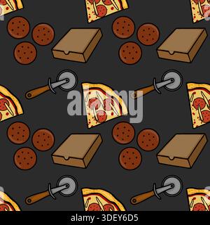 Seamless vector pattern of delicious pepperoni pizza slices, pizza boxes, and cutters on a dark background Stock Vector